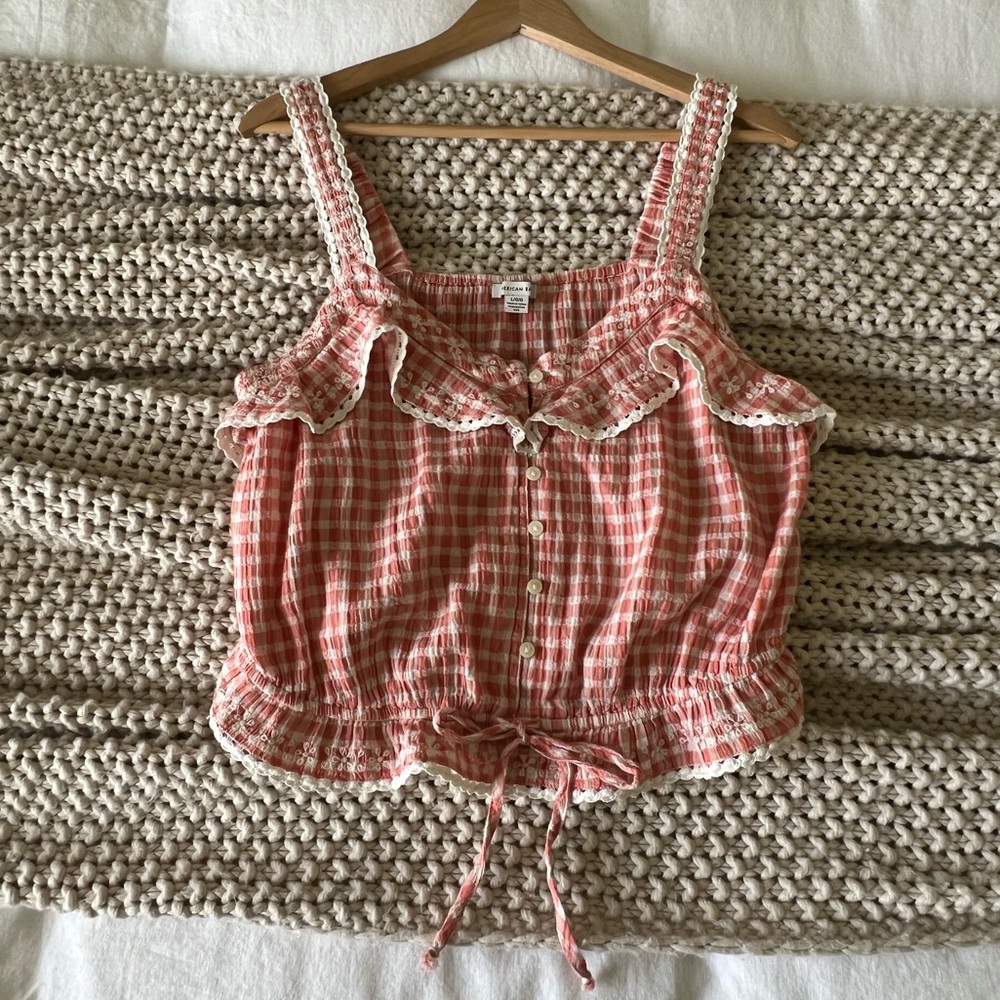 American Eagle Gingham Button Down Crop Top With … - image 1